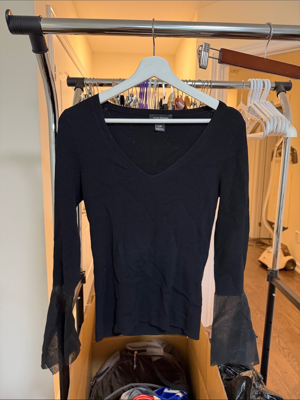 Club Monaco Black V-Neck Ribbed Top with Sheer Bell Sleeves